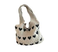 JEWEDECO Knitted Heart Beach Tote Bag for Women Lightweight Spacious Hand-woven Crochet Handbag with Multiple Pockets Portable Summer Casual Carry-all