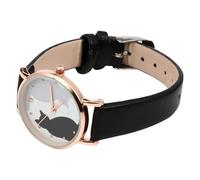 JEWEDECO Ladies Watch Cat Featuring Cartoon Cat Pattern, Black Faux Leather Band, Splash Resistant Design, Zinc Alloy Dial, and Daily Use