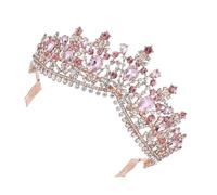 JEWEDECO Large Elegant Rhinestone Bridal Crown with Side Combs for Secure Fixation, Alloy and Pink-golden Tiara Headpiece for Parties and Occasion to Enhance Charm