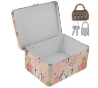 JEWEDECO Lockable Tinplate Storage Box for Small Items and Presents, Lightweight and Compact Desk Organizer Suitable for Celebration and Banquet Use with Rose Butterfly Print