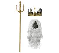 JEWEDECO Metallic Sea God Trident and King Crown Cosplay Set for Adults with Secure Grip Design, Modular Snap Connections, Including Wig and Fake Beard, for Halloween Cosplay and Drama