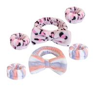 JEWEDECO Plush Face Wash Headband and Wristbands Set for Women, 6pcs Pink Leopard and Blue Red Striped Spa Makeup Hair Accessories for Skincare and Sweat Absorption