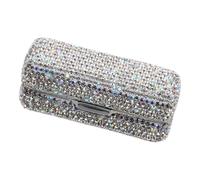 JEWEDECO Silver Lipstick Case with Mirror Lightweight Rhinestone Iron Makeup Holder Shiny Sparkling Travel Storage Box for Purse