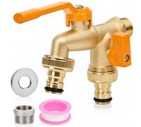 Jeweeio 2 Way Brass Garden Tap 3/4 & 1/2 Inch Outside Tap Kit, Double Outdoor Water Butt Taps Connector Splitter with On/Off Valves for Garden Watering System Faucet Hose Pipe