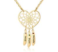 Jeweidea Birthstones Womens Necklace Personalized Engraving 2-5 Names Dream Catcher Heart Pendant Silver Mother Necklace Jewerly Gift for Wife Mother's Day Birthday (3 names-g)