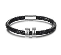 Jeweidea Mens Leather Bracelet Personalised Bracelet with Name Stainless Steel Beaded Bracelets Charm Bracelet for Dad Boyfriend Friendship Father's Day Gifts Birthday Gifts Mens Jewellery