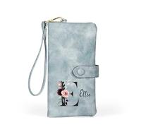 Jeweidea Personalised Women Wallet with Name Custom Letter PU Leather Long Wallet with Wrist Strap Card Cash ID Coin Zip Gifts for Mum Wife Grandma (Light Blue)