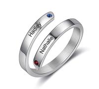Jeweidea Personalized Twist Ring with Engraved 2/3/4 Names Custom Birthstones Promise Ring for Women Men Adjustable Rings for Mother’s Day Valentine's Day Birthday (2 names)