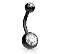 Jewel Barrel 14G Black Belly Button Bar - Surgical Steel Navel Piercing Ring with Double Clear Crystal Balls, 10mm Unisex Jewellery