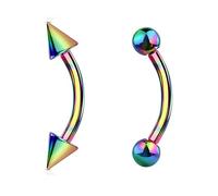 Jewel Barrel 2pc Curved Barbells Eyebrow Bars Daith Rook Helix Ear Body Piercing Jewellery 16G (1.2mm) with 6| 8 |10 | 12mm Length and 3mm Ball & Cone Ends Pair (Rainbow, 10)