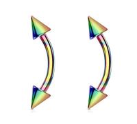 Jewel Barrel 2pc Curved Barbells Eyebrow Piercing Bars Rook Daith Banana Body Jewellery Bar 16G (1.2mm) 6mm, 8mm 10mm 12mm Length with 3mm Cones Spike Pair (Rainbow, 8)