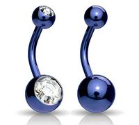 Jewel Barrel 2pcs Belly Button Bars Navel Bar Rings Body Piercing Jewellery 14G Surgical Steel with CZ Crystal Ball and Plain Ball Pair (Blue)