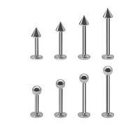 Jewel Barrel 8pcs Labret Piercing Bars Lip Studs Jewellery for Helix, Monroe, Vertical Flat Back Earrings | 16G (1.2mm) Surgical Steel | 6 | 8 | 10 | 12mm Length with Ball & Cone Ends (Silver)
