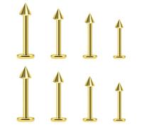 Jewel Barrel 8pcs Labret Piercing Jewellery Lip Studs for Tragus, Helix, Monroe, Medusa, Snake Bites | 16G (1.2mm) Flat Back Studs for Men & Women | 6mm 8mm 10mm12mm Length with Cone (Gold)