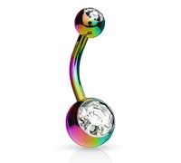 Jewel Barrel Rainbow Belly Button Bar - 14G Surgical Steel Navel Ring with Double Crystal Balls - Curved Barbell Belly Piercing Jewellery
