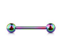 Jewel Barrel Rainbow Tongue Bar Straight Barbell Nipple Piercing Ring Anodized 316L Surgical Steel 14G (1.6mm) 16mm Length 6mm Detachable Balls