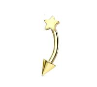 Jewel Barrel Star Curved Barbell - 16G (1.2mm) Surgical Steel Rook Daith Eyebrow Piercing - 8mm Vertical Lip Bar with Fixed Star & Cone End - Silver, Gold, Black (Gold)