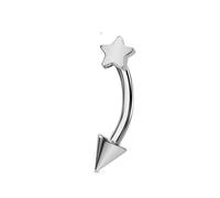 Jewel Barrel Star Curved Barbell - 16G (1.2mm) Surgical Steel Rook Daith Eyebrow Piercing - 8mm Vertical Lip Bar with Fixed Star & Cone End - Silver, Gold, Black (Silver)