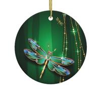 Jewel Dragonfly Christmas Round Ceramic Ornament Decor,Double-Sided Printed Bauble With Gold String,Unique Dual-Face Design For Xmas Tree Home