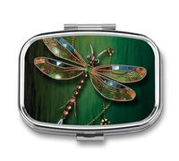 Jewel Dragonfly Pill Box 2 Compartments Portable Travel Pill Case Mini Medicine Organizer for Pocket Purse Metal Waterproof Medicine Container Holder Vitamin Fish Oil