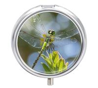 Jewel Dragonfly Portable Travel Pill Box with 3 Compartments, Round Medication Organizer Boxes, Cute Metal Pill Holder to Hold Vitamins and Oil Supplements