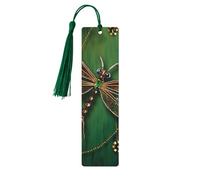 Jewel Dragonfly Wooden Bookmarks 5 Pcs,Handmade Double-Sided Printed Book Marks Page Markers with Dark Green Tassels Book Accessories Gift for Book Lovers Women Men