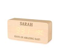 Jewel Personalized Wooden Alarm Clock LED Digital Desk Clock with Custom Name and Texts Digit Alarm Clock Time and Temperature Display Bedroom Home Decor (Bamboo)