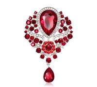 JewelBeauty Women's Crystal Silver-Tone Bouquet Flower Teardrop Large Gorgeous Bouquet Brooch Pin (red)