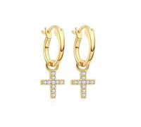 Jewelco London 14k Gold-plated Silver Round CZ Pave Cross Charm Hanging Huggie Hoop Drop Earrings - AER164