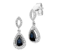 Jewelco London 18ct White Gold Round 12pts Diamond Pear 1ct Sapphire Cluster Drop Earrings