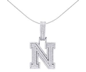 Jewelco London 925 Sterling Silver CZ Pave Iced Out Block Initial Charm Pendant - Letter N