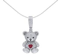 Jewelco London 925 Sterling Silver CZ Ruby-Red Heart Accent Cute Iced Out Teddy Bear Pendant