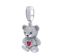 Jewelco London 925 Sterling Silver CZ Ruby-Red Heart Accent Cute Iced Out Teddy Bear Pendant - APD237