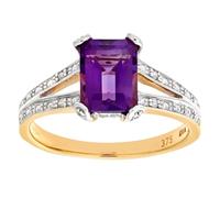 Jewelco London 9ct Gold 13pts Diamond Emerald Cut 1.38ct Amethyst Art Deco Split Shoulder Solitaire Ring - Size M