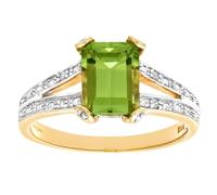 Jewelco London 9ct Gold 13pts Diamond Emerald Cut 1.72ct Peridot Art Deco Split Shoulder Solitaire Ring - Size I