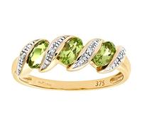 Jewelco London 9ct Gold Round 2pts Diamond Oval 0.74ct Peridot Wavy Ribbon Pod Trilogy Cocktail Ring 2mm