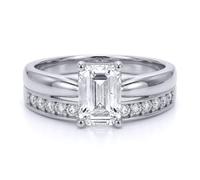 Jewelco London 9ct White Gold Emerald Cut Lab Created Diamond Wed-fit Solitaire & Half Eternity Travel Bridal Rings Set - Size Q
