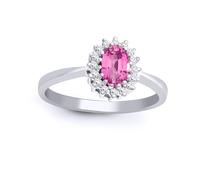 Jewelco London 9ct White Gold H I2 0.12ct Diamond and Oval Pink 0.68ct Sapphire Classic Royal Cluster Ring 9mm