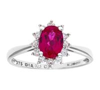 Jewelco London 9ct White Gold Round 1/4ct Diamond Oval 1.1ct Ruby Classic Royal Oval Cluster Ring 10mm - Size O