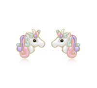 Jewelco London 9ct Yellow Gold Enamel Cute Cartoon Unicorn Stud Earrings 11mm - 1-55-8939