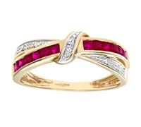 Jewelco London 9ct Yellow Gold Round 2.5pts Diamond Square 0.76ct Ruby Crossover Knot Eternity Ring 3mm - Size O