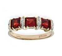 Jewelco London 9ct Yellow Gold Round 2pts Diamond Round 1.36ct Garnet Eternity Trilogy Ring - Size R