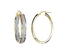 Jewelco London Ladies 9ct Gold MoonDust Stardust Double Sided 6mm Oval Hoop Earrings 25mm x 35mm - JER772B