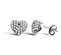 Jewelco London Ladies 9ct White Gold White Round Brilliant Cubic Zirconia Domed Pave Love Heart Stud Earrings - JES329