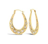 Jewelco London Ladies 9ct Yellow and White Gold Pear Shape Diamond Pattern Creole Earrings - JER590A