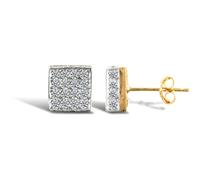 Jewelco London Ladies 9ct Yellow Gold White Round Brilliant Cubic Zirconia 3D Square Shape Stud Earrings - JES303