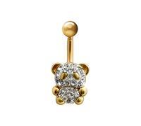 Jewelco London Ladies 9ct Yellow Gold White Round Crystal Teddy Bear Banana Belly Bar, 10mm
