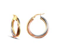 Jewelco London Ladies 9ct Yellow White and Rose Gold Russian Wedding Ring 3mm Love Bond Hoop Earrings 25mm - JER091