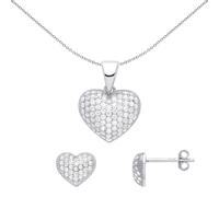 Jewelco London Ladies Rhodium Plated Sterling Silver CZ 3D Domed Love Heart Pave Cluster Earrings Necklace Set - GSET626