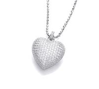 Jewelco London Ladies Rhodium Plated Sterling Silver CZ 3D Pave Encrusted Love Heart Pillow Pendant Necklace 17 inch - GVK449